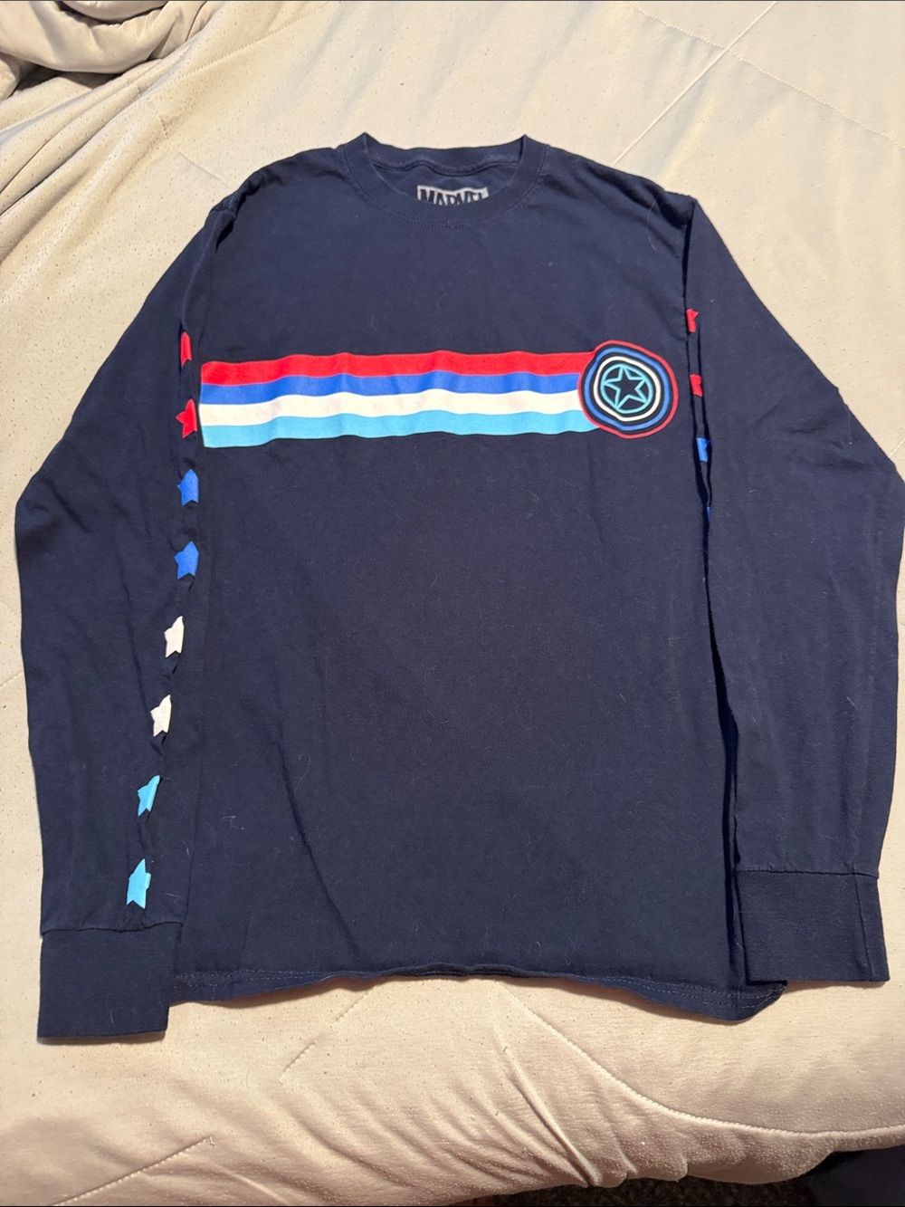 Marvel Navy Long Sleeve Shirt with Red, Light Blue & White Stripe Detail